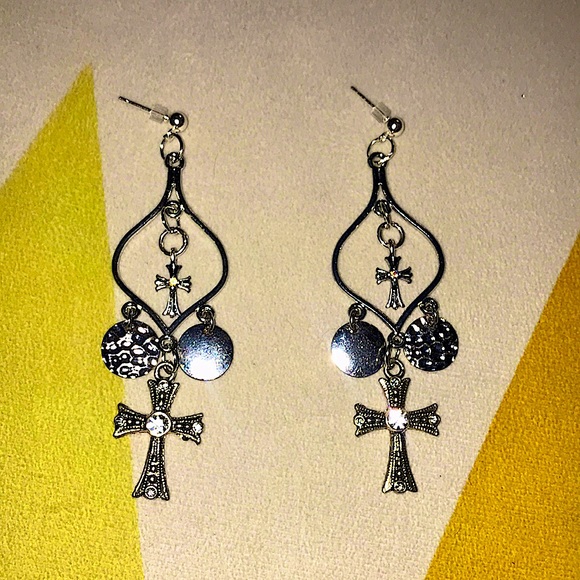 love, Savvy Double Cross Silver Chandelier Earrings - Picture 1 of 3